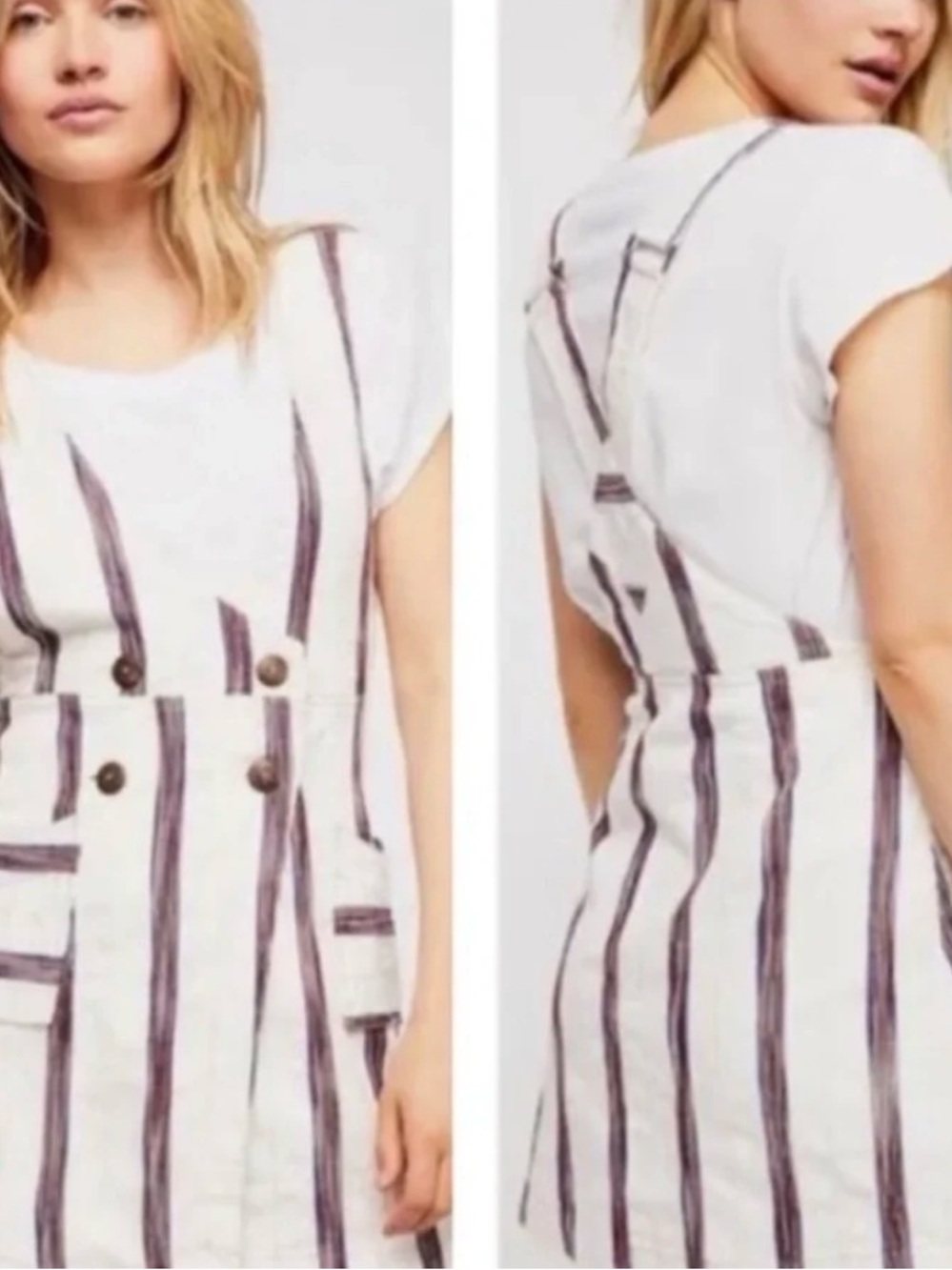 Free People White Pinafore with Navy and Burgundy Stripes